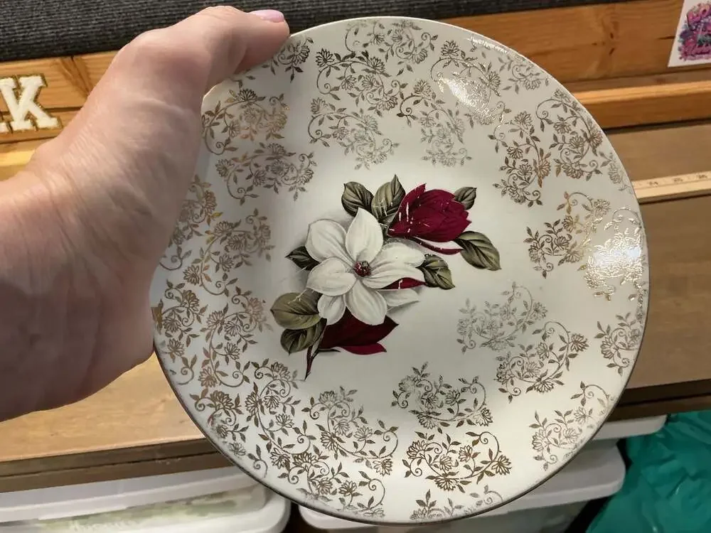 Vintage Gold Filigree Chintz Floral 6.5-Inch Dessert Plates Set of 2